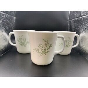 Lot of 3 Corning Corelle Green Floral Spray Mug Cup Vintage Green White